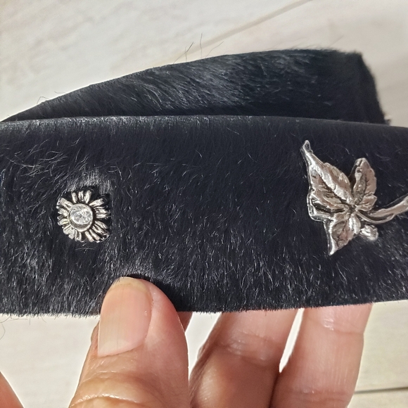 Berge Black Pony Hair Calf Hair Belt Silver Botanical Details Buckle Boho Edgy - Picture 14 of 15